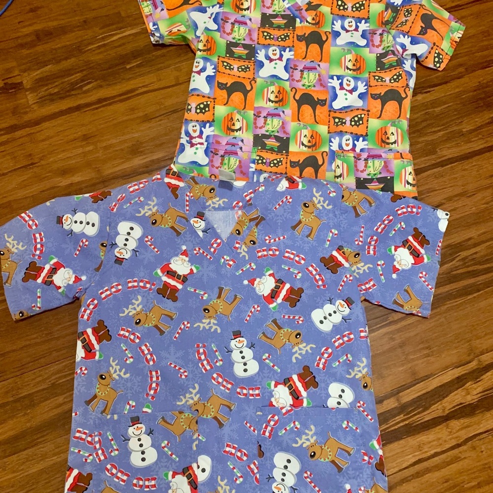 Size small scrub tops Halloween and Christmas